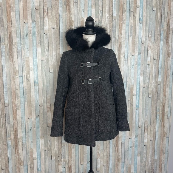 Maje 36 S Duffle Coat Wool Coyote Fur Collar Trim Jacket Black Tweed Buckle $745 - Picture 3 of 13